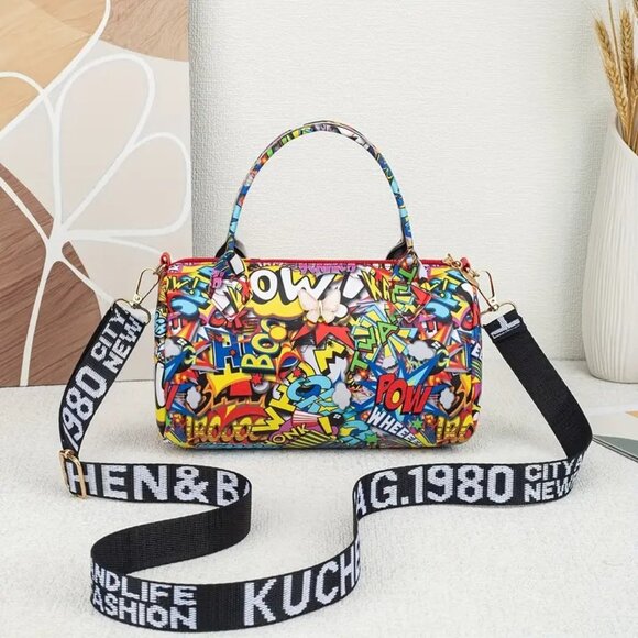 Handbags - Cool Comic Pop Art Print Mini Barrel Streetwear Handbag with Crossbody Strap